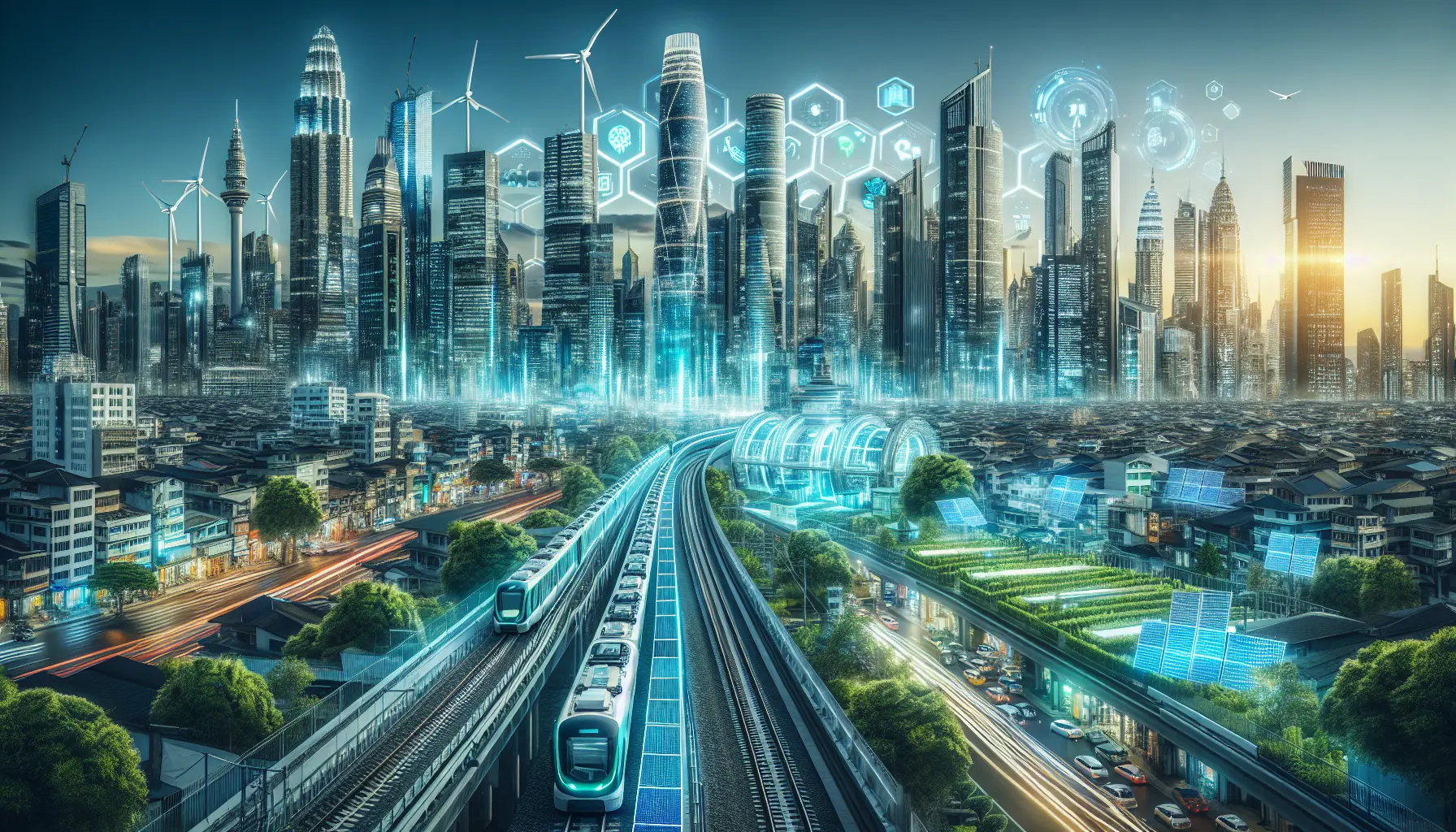Un'immagine di una smart city con grattacieli verdi, trasporti elettrici e spazi pubblici vivibili.