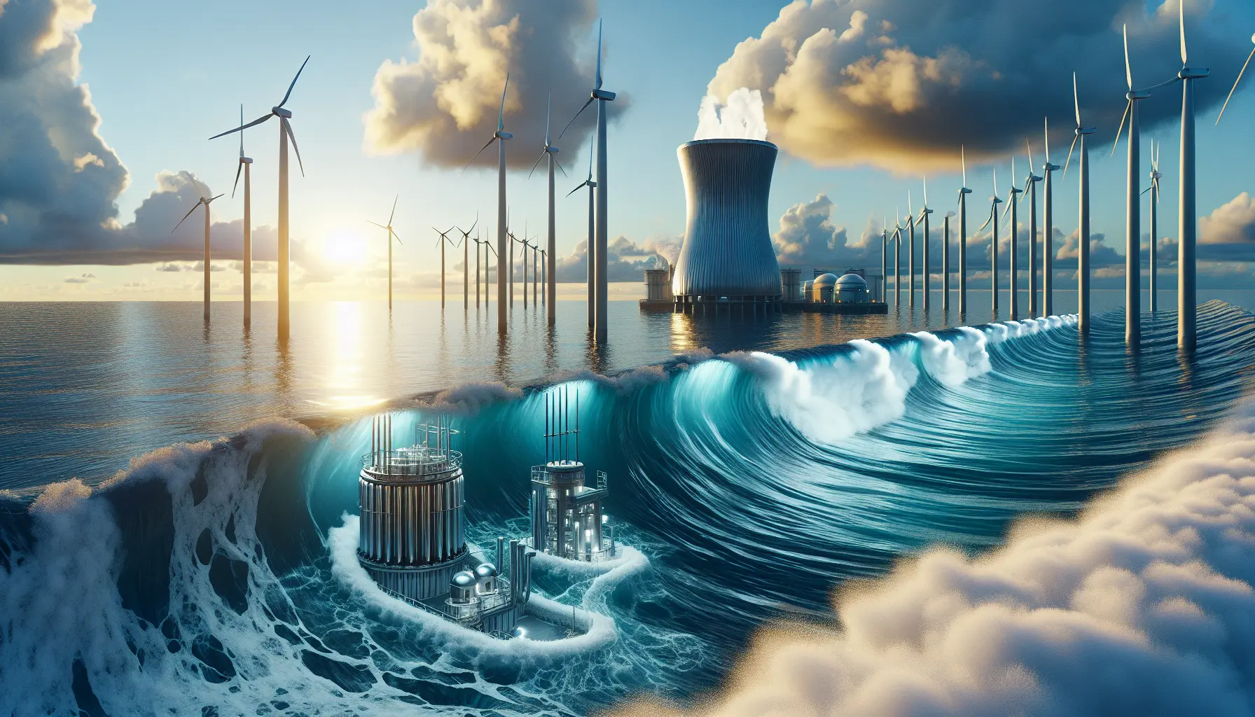 Una rappresentazione grafica di un reattore a fusione nucleare e delle onde oceaniche che generano energia.