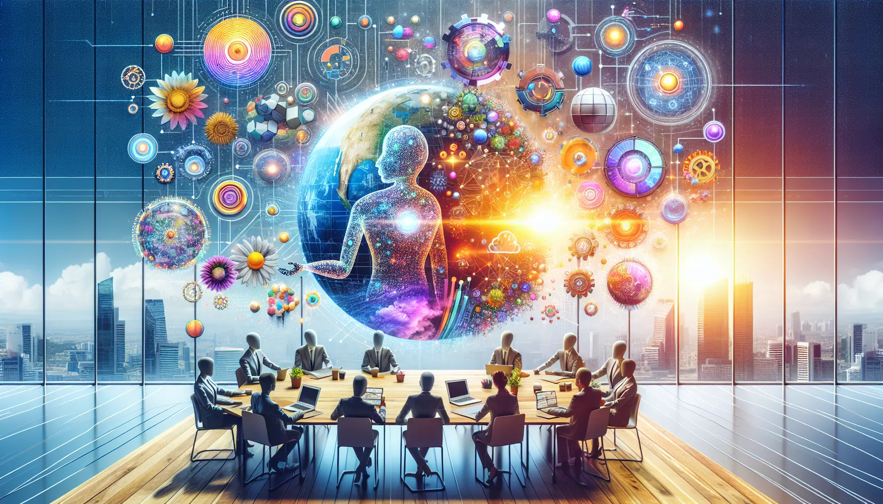 Un gruppo di giovani imprenditori discute di intelligenza artificiale e innovazione in un ambiente di lavoro moderno.