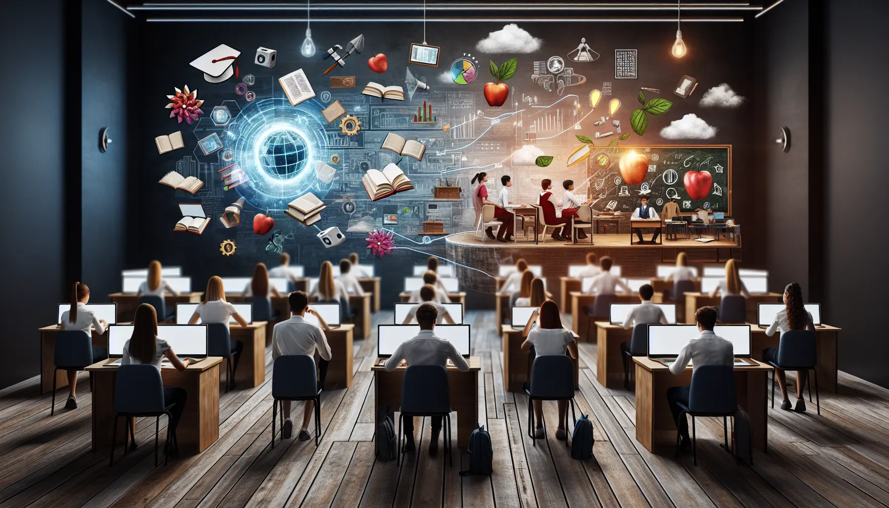 Un'aula moderna con studenti che utilizzano dispositivi digitali per apprendere in modo interattivo.