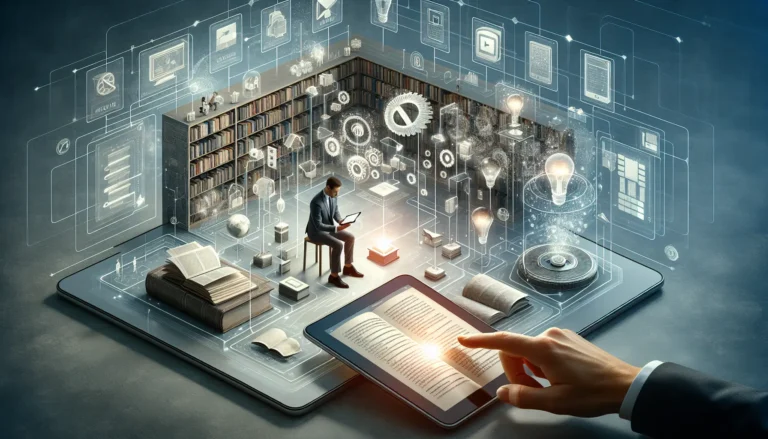 Un lettore che esplora un libro digitale su un dispositivo elettronico, immerso in un mondo di conoscenza.