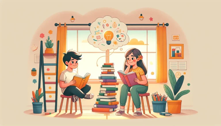 Un bambino che legge un libro in un ambiente accogliente, circondato da libri e giocattoli.