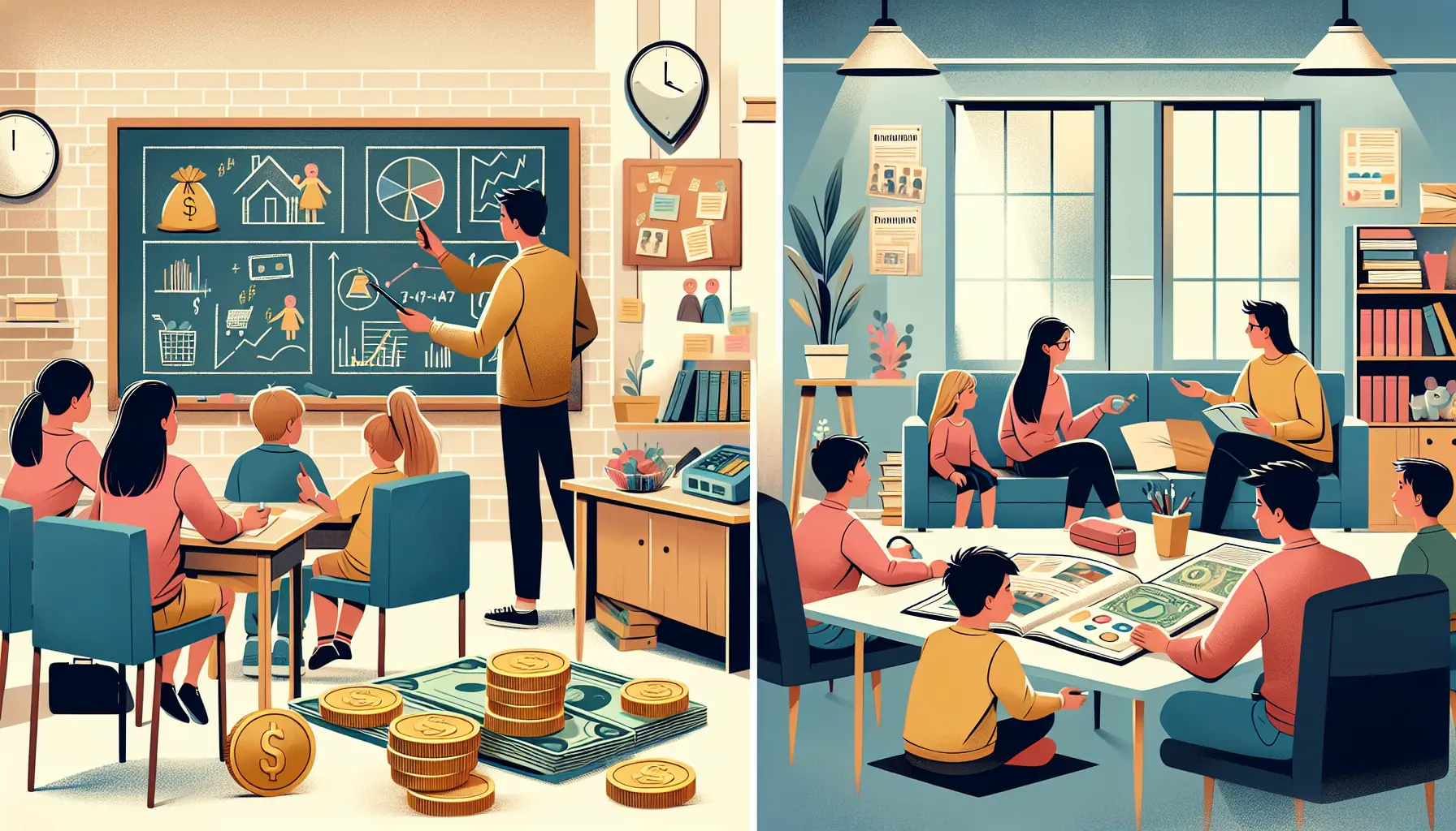Un gruppo di studenti in aula che apprendono concetti di educazione finanziaria, con grafici e diagrammi sul tavolo.