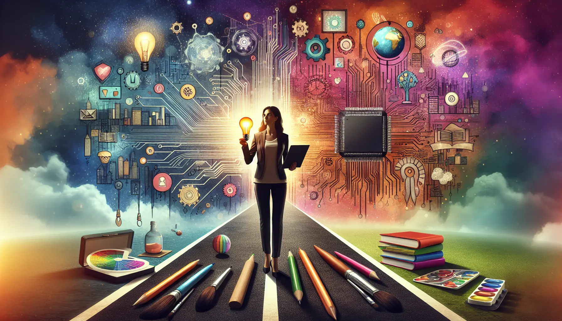 Maria Monsè in un ambiente creativo, circondata da elementi tecnologici e artistici.