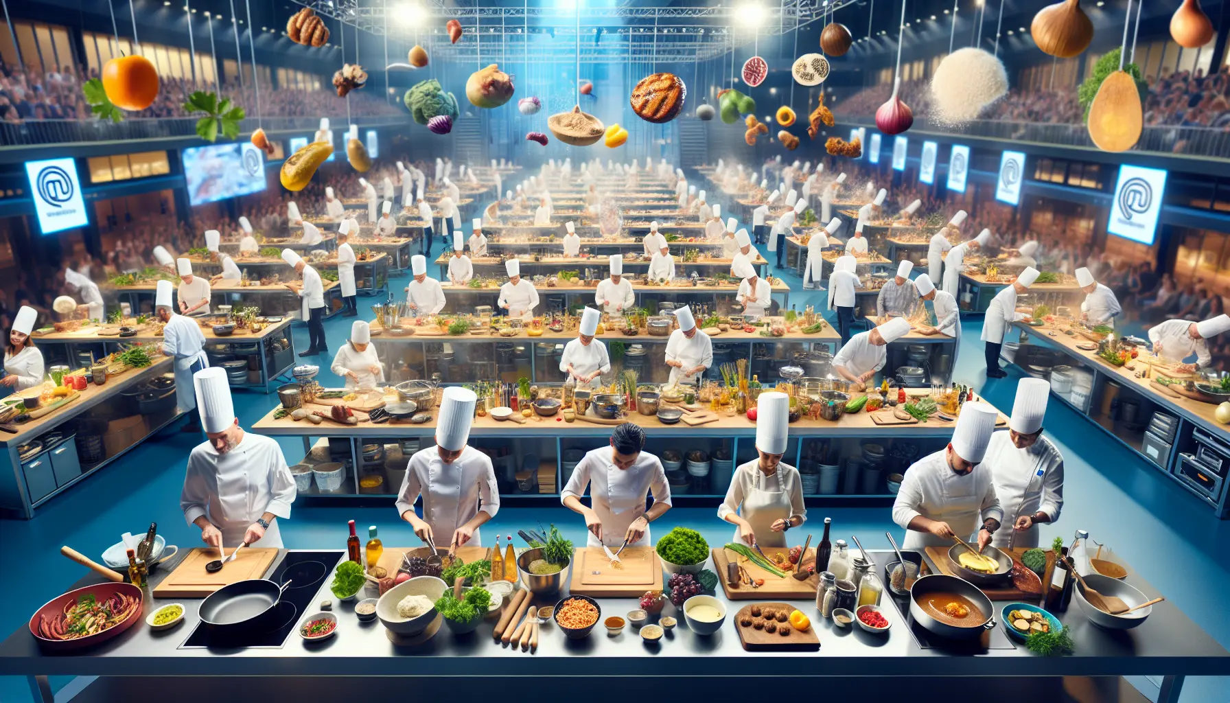 Concorrenti di MasterChef mentre preparano piatti in una cucina professionale, con ingredienti freschi e attrezzature moderne.