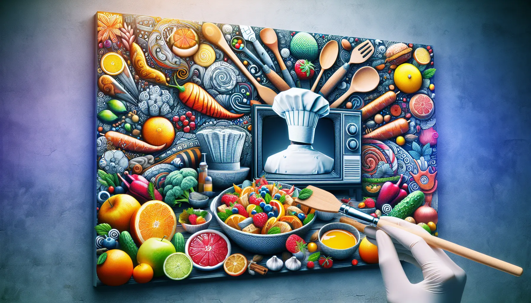 Una cucina moderna e luminosa con ingredienti freschi e pentole di rame, simbolo dell'universo di MasterChef.
