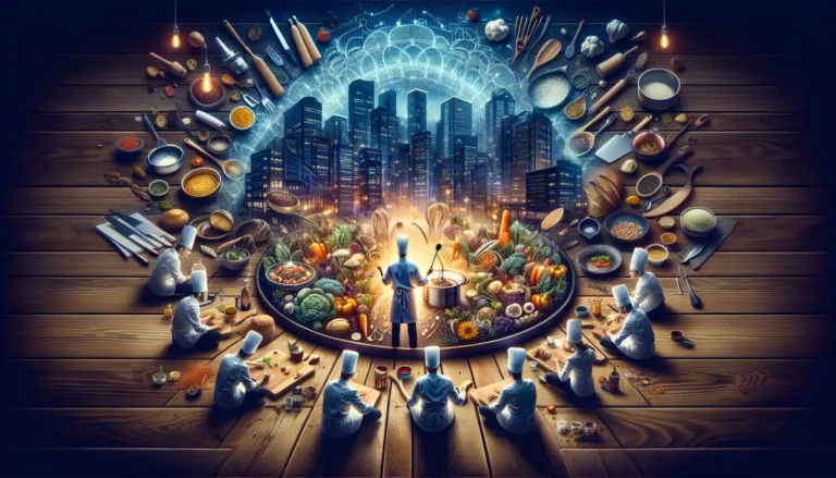 Un gruppo di concorrenti di MasterChef mentre preparano piatti creativi in una cucina moderna, circondati da ingredienti freschi e attrezzature professionali.
