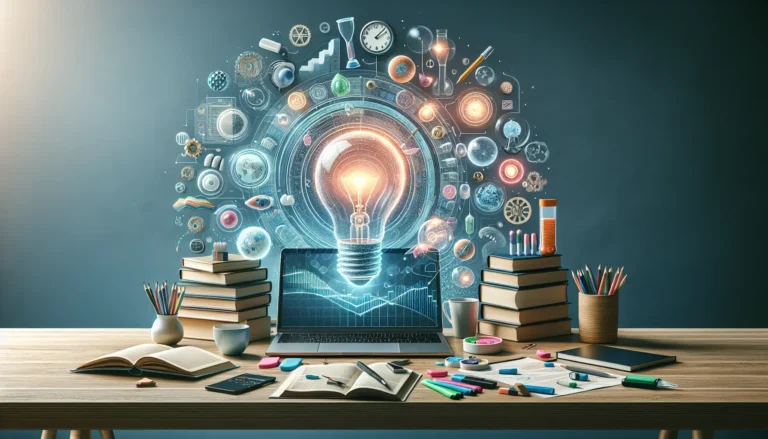 Studente che studia con libri e appunti, circondato da risorse digitali e materiali di studio.