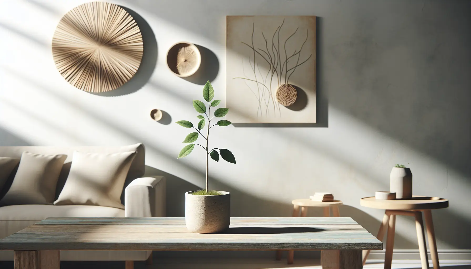 Una stanza minimalista e luminosa, con pochi oggetti significativi che evocano serenità e ordine.