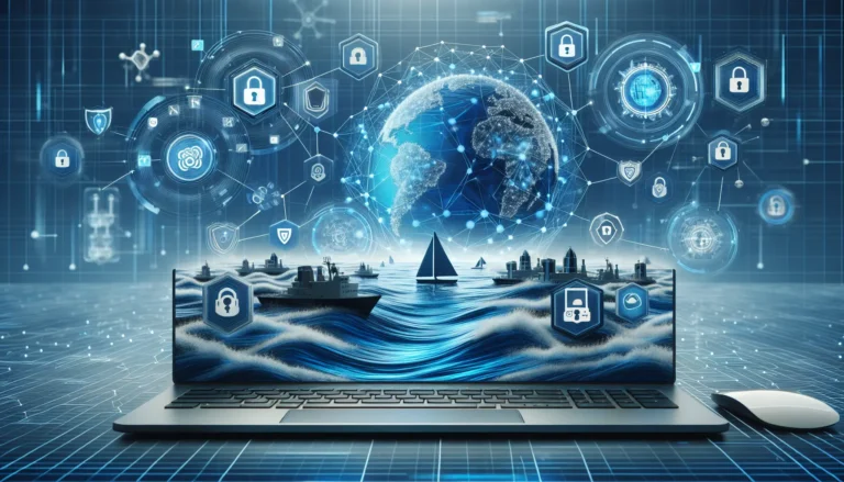 Un imprenditore che utilizza un computer portatile con uno sfondo di dati digitali e codici, simboleggiando la protezione della privacy online.