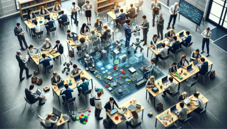 Un gruppo di studenti impegnati in un'attività di coding e robotica in un'aula scolastica.