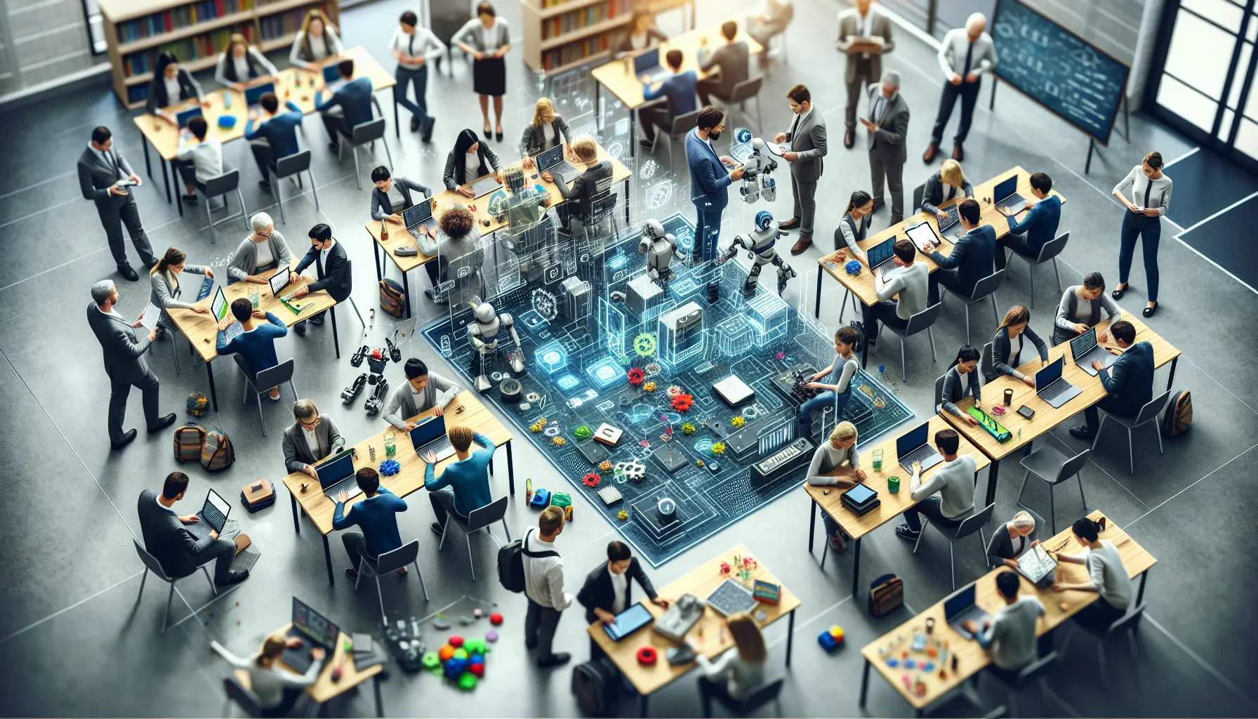 Un gruppo di studenti impegnati in un'attività di coding e robotica in un'aula scolastica.