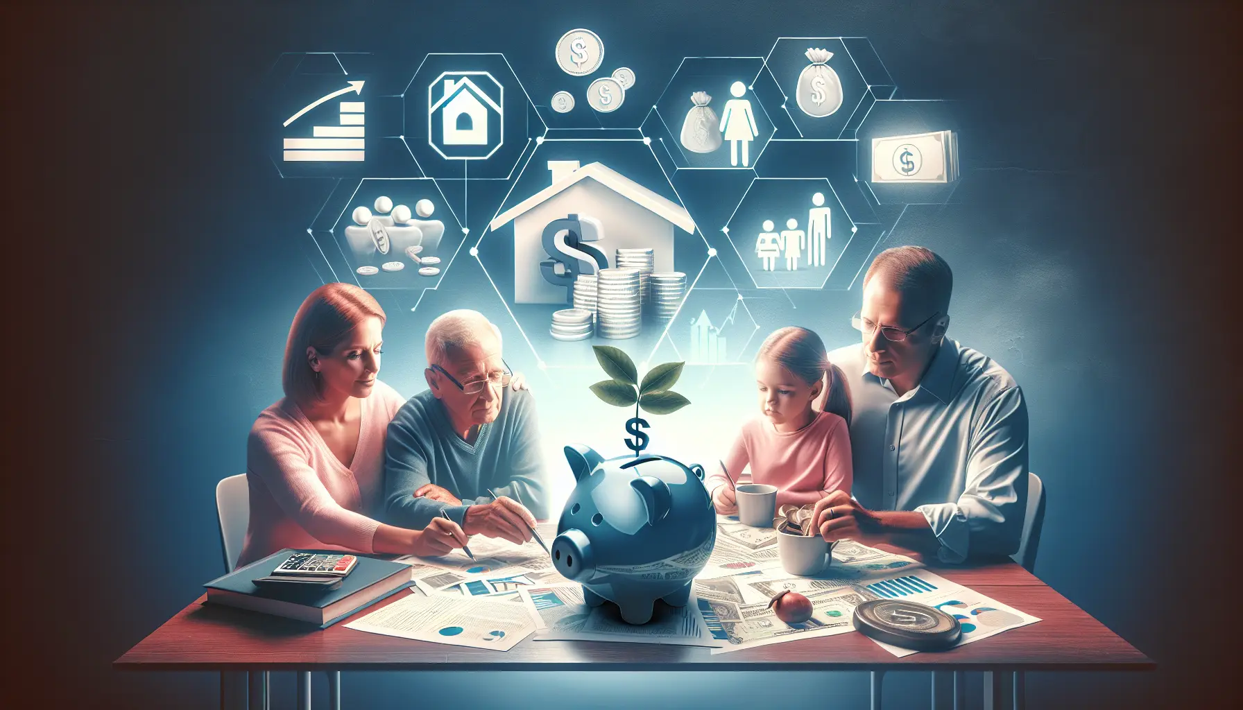 Famiglia che discute piani di pensione con grafici e tabelle