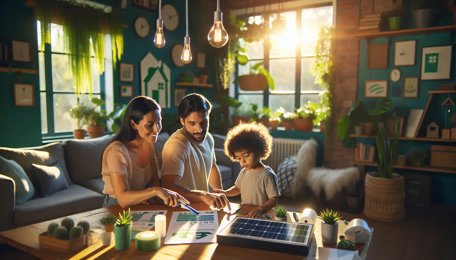 Famiglia che discute di sostenibilità e risparmio energetico in casa