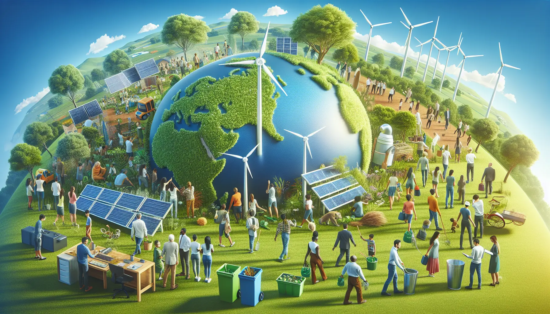 Immagine di un paesaggio naturale sostenibile con famiglie che partecipano a iniziative ecologiche