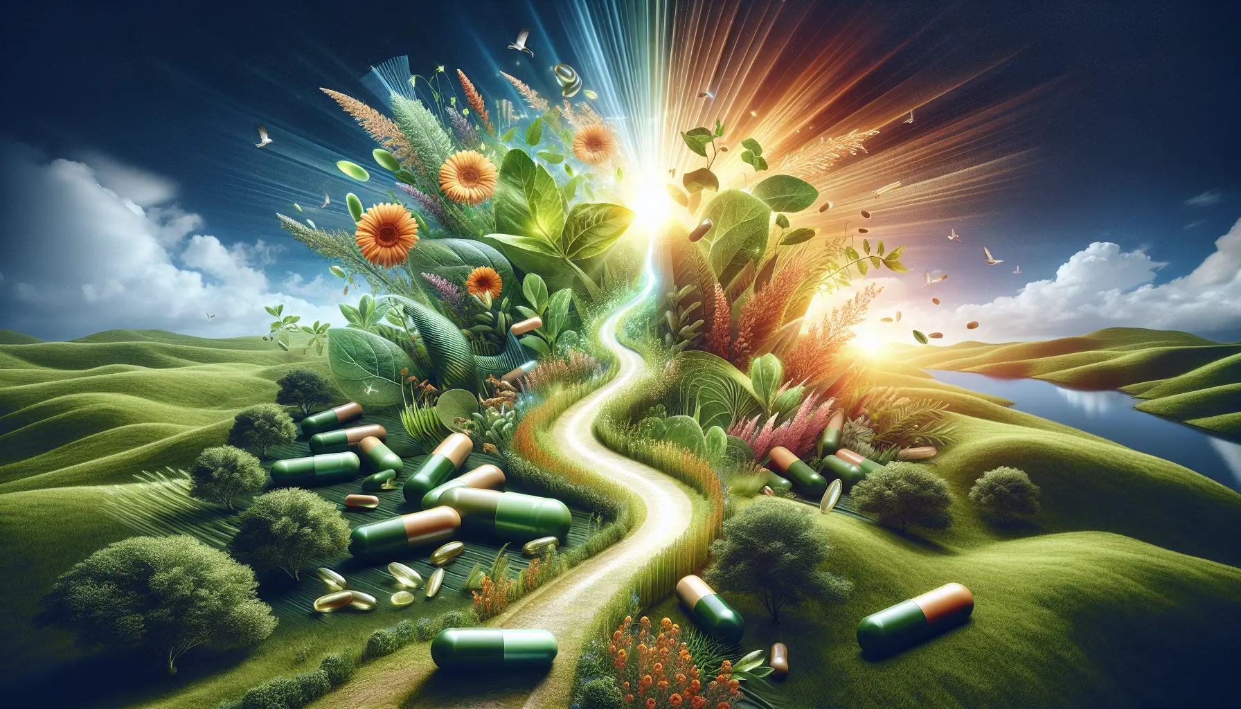 Una selezione di integratori naturali su un tavolo, circondati da erbe fresche e frutta, simbolo di energia e vitalità.