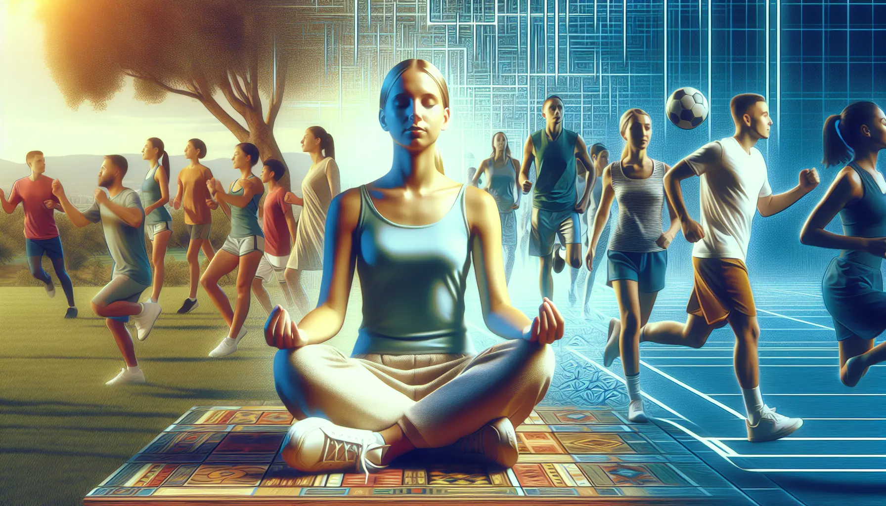 Un gruppo di sportivi amatoriali che si allenano insieme all'aperto, sorridenti e motivati.