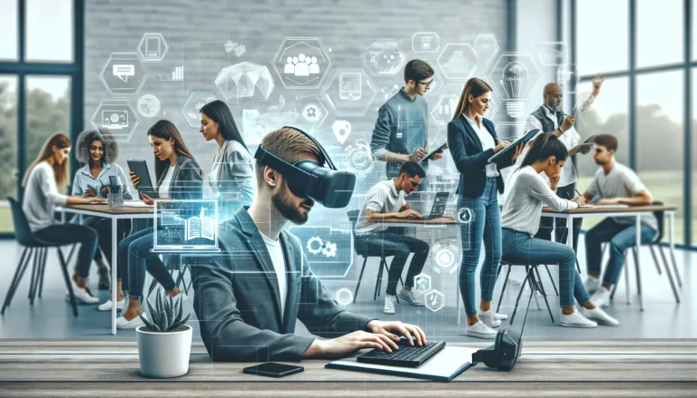 Professionisti al lavoro in un ambiente moderno, simbolo delle carriere del futuro.