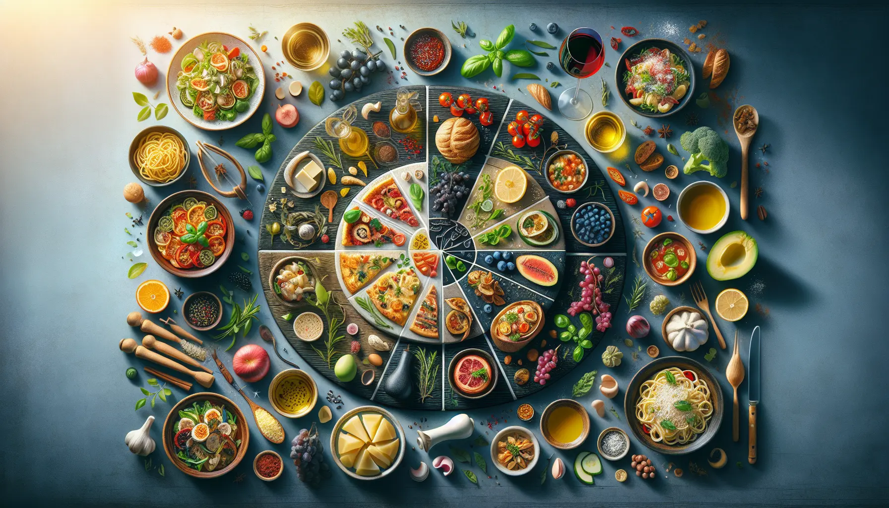 Un tavolo imbandito con piatti tipici delle diverse stagioni italiane, ricco di colori e ingredienti freschi