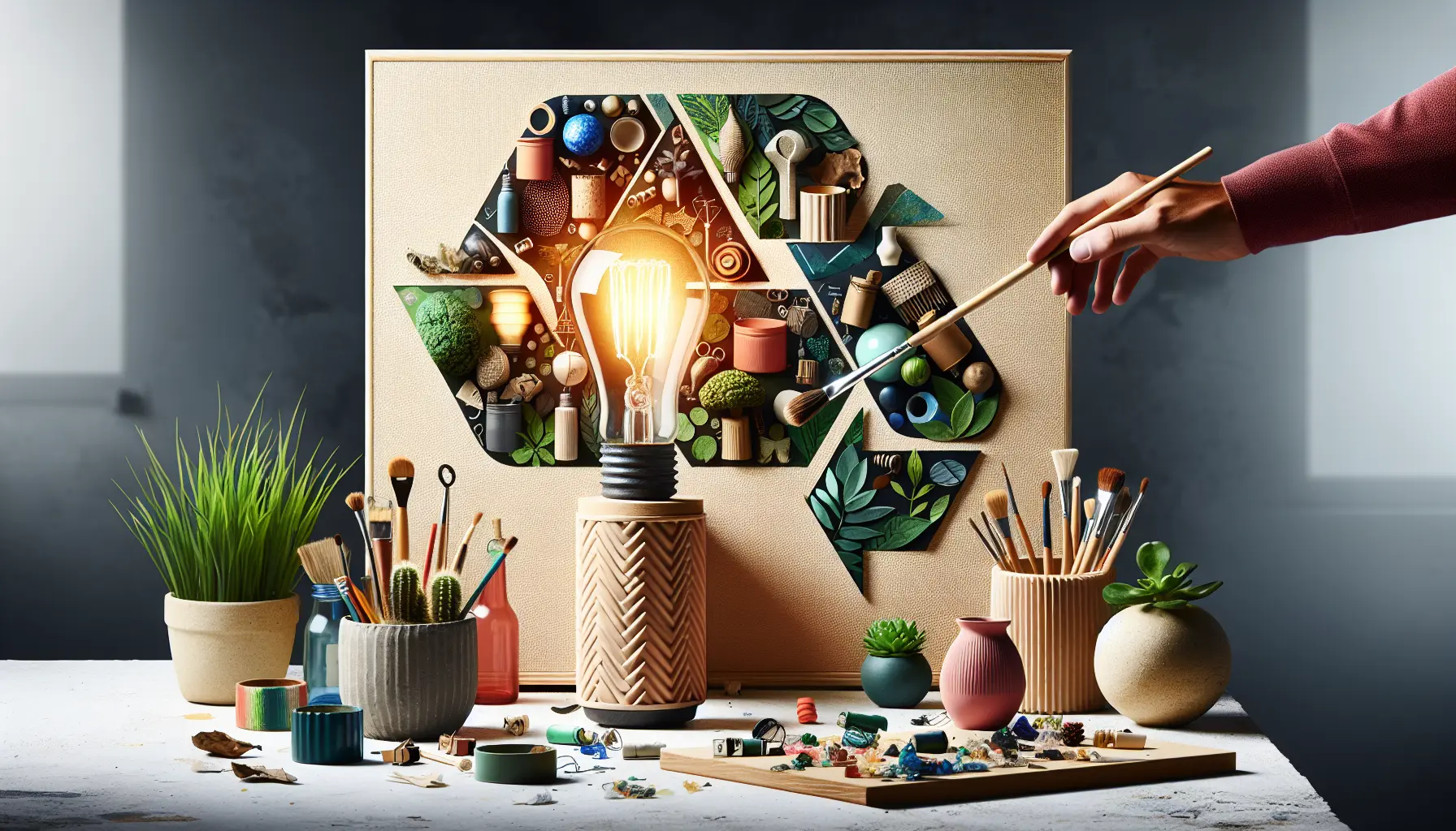 Immagine di oggetti creativi realizzati con materiali di scarto, come vasi di plastica e borse di tessuto.