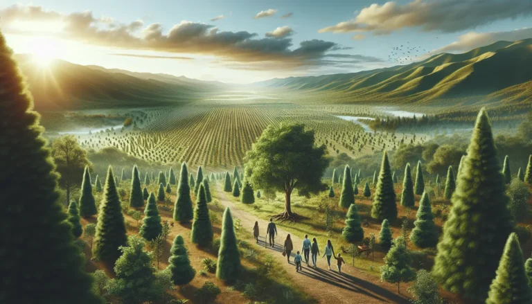 Foresta rigogliosa con alberi verdi e cielo blu, simbolo di riforestazione e sostenibilità ambientale.