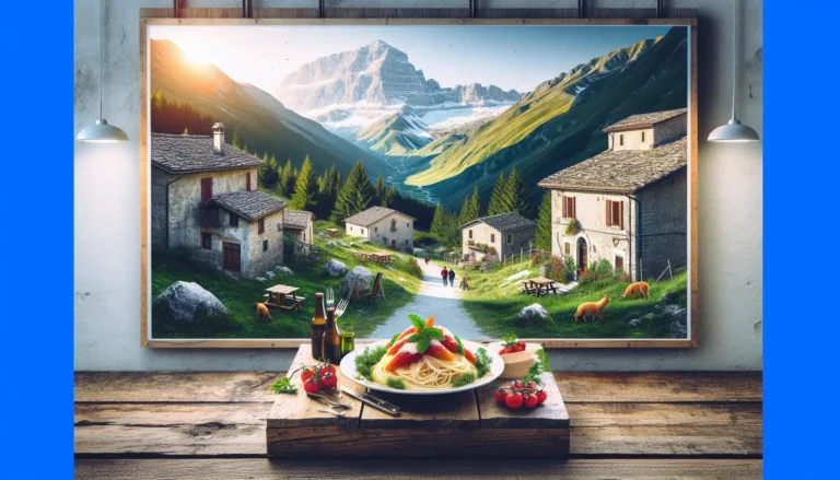 Vista panoramica di Rigopiano con le sue montagne e boschi circostanti, rappresentativa della bellezza naturale del villaggio.