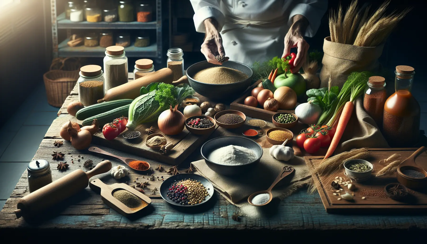 Ingredienti freschi e tradizionali disposti su un tavolo di legno, pronti per essere trasformati in piatti deliziosi.