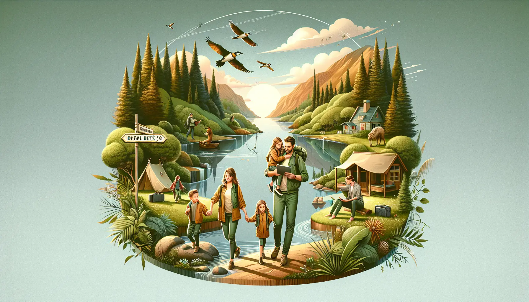 Famiglia in escursione nella natura, sorridente e senza dispositivi elettronici