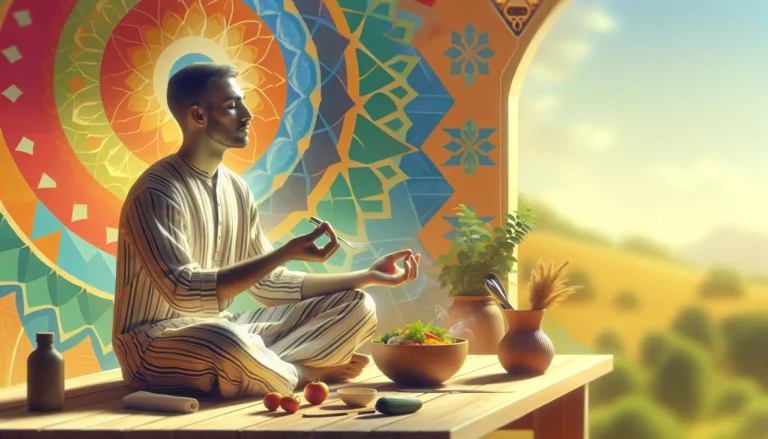 Un atleta che pratica yoga in un ambiente naturale, simbolo di equilibrio tra corpo e mente.