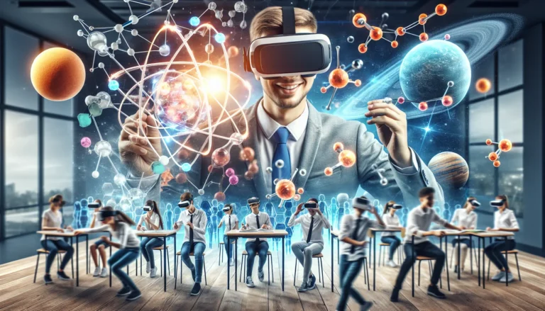 Studente che utilizza un visore di realtà virtuale per esplorare concetti scientifici.