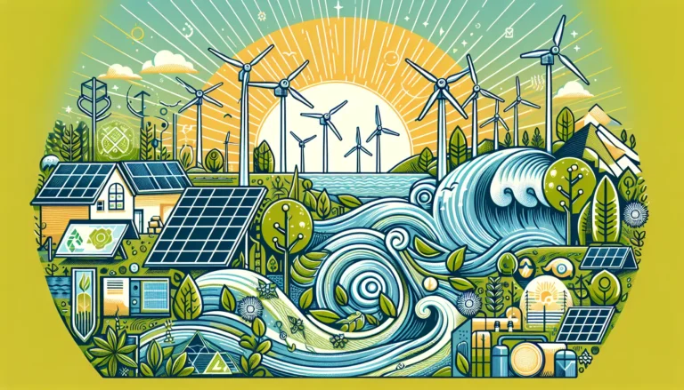 Pannelli solari e turbine eoliche in un paesaggio naturale, rappresentando l'energia rinnovabile e la sostenibilità ambientale.