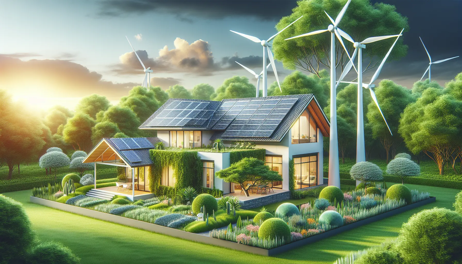 Pannelli solari e turbine eoliche su una casa moderna immersa nella natura