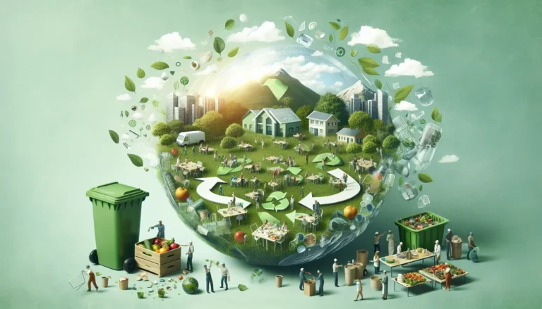 Immagine che rappresenta la riduzione degli sprechi alimentari e il riciclo, con cibo fresco e materiali riciclabili.