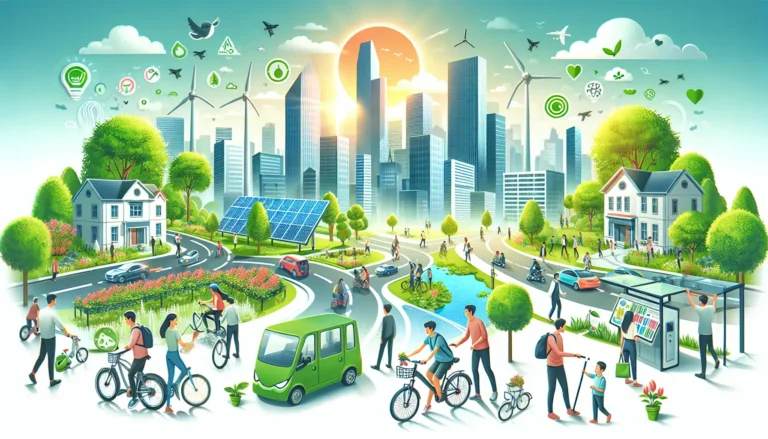 Una città sostenibile con piste ciclabili, pannelli solari e aree verdi