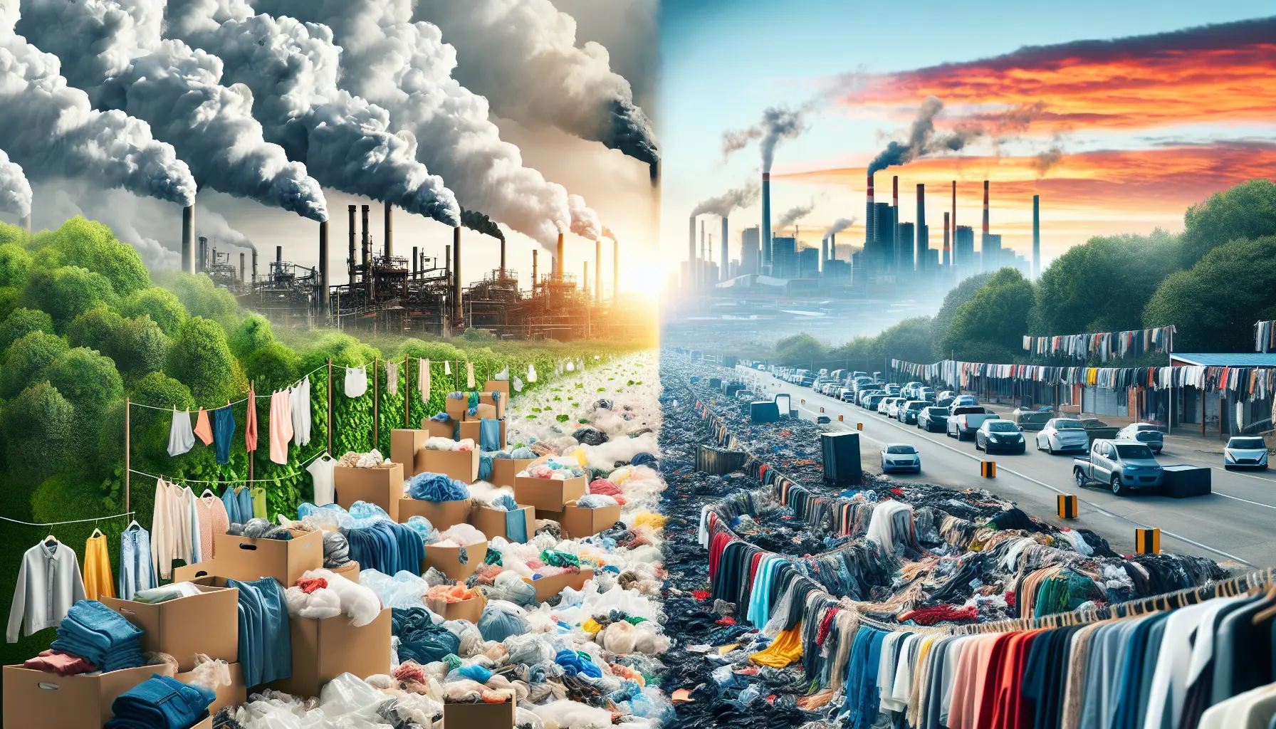 Un'immagine che rappresenta il concetto di moda sostenibile, con abiti realizzati in materiali eco-friendly e un ambiente naturale.