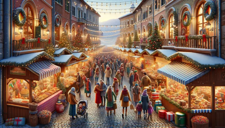 Mercatini di Natale con luci scintillanti e stand di artigianato in una piazza italiana