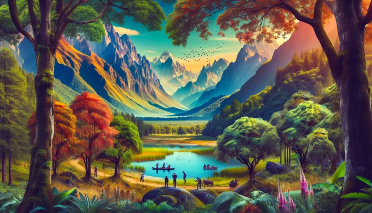 Un paesaggio mozzafiato di un parco nazionale con montagne, alberi e un lago cristallino.