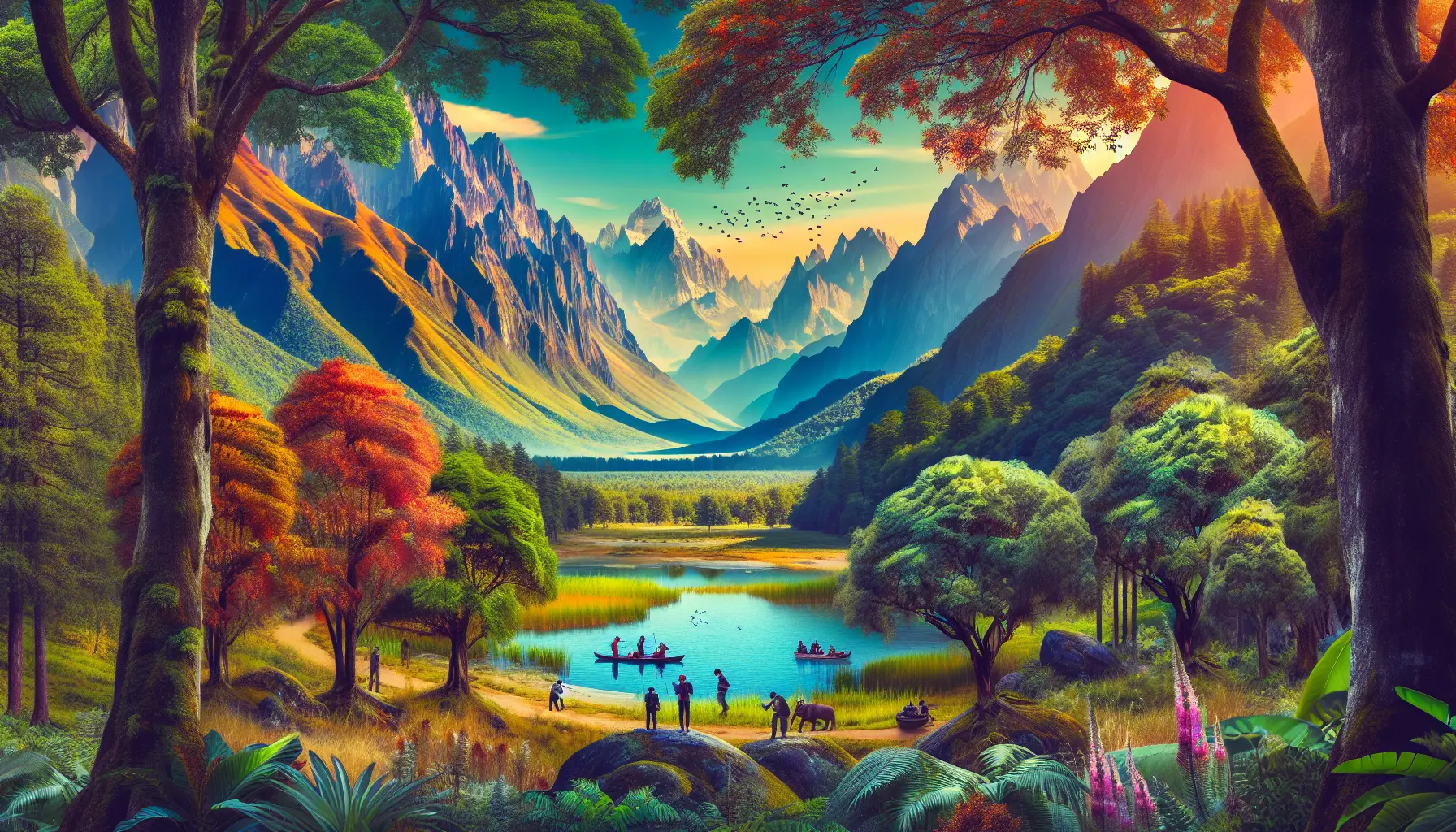 Un paesaggio mozzafiato di un parco nazionale con montagne, alberi e un lago cristallino.