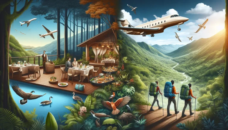 Un giovane viaggiatore esplora una spiaggia tropicale, circondato da palme e acque cristalline, simboleggiando l'avventura e il turismo sostenibile.