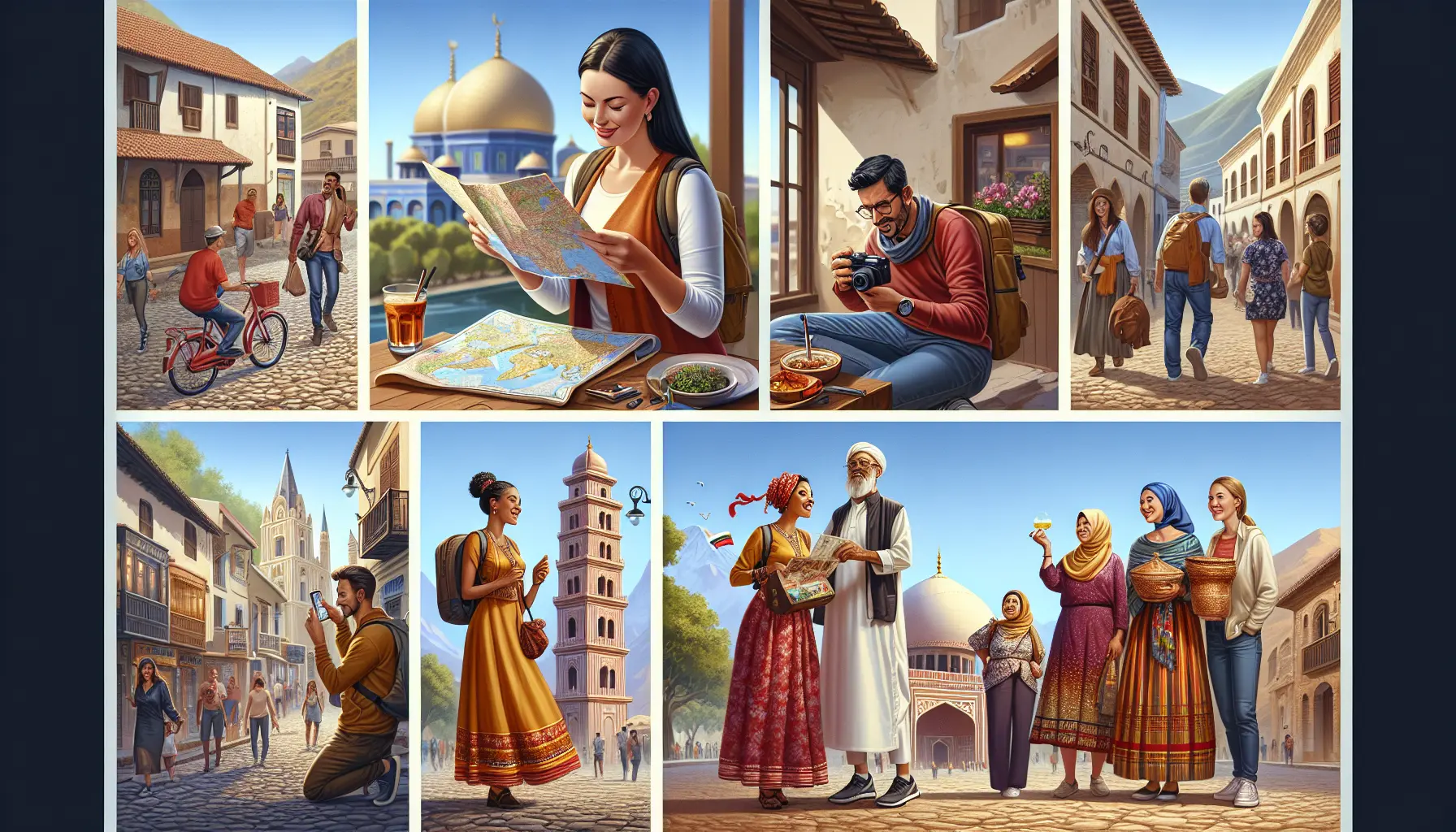 Un gruppo di giovani esploratori che scoprono un mercato locale, immersi in un'atmosfera vivace e colorata.