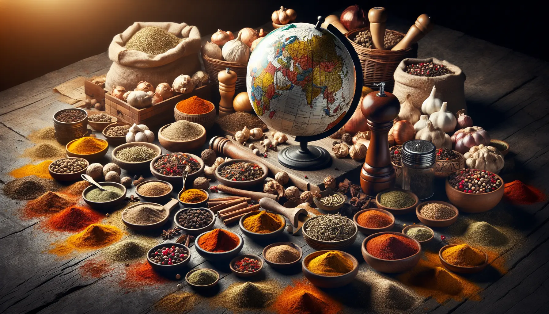 Varietà di spezie rare in un mercato colorato, pronte per essere scoperte e utilizzate in cucina.