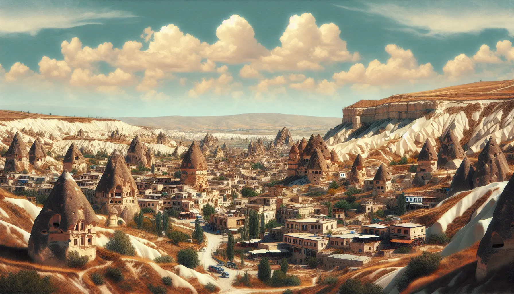 Panorama della Cappadocia con formazioni rocciose e mongolfiere nel cielo