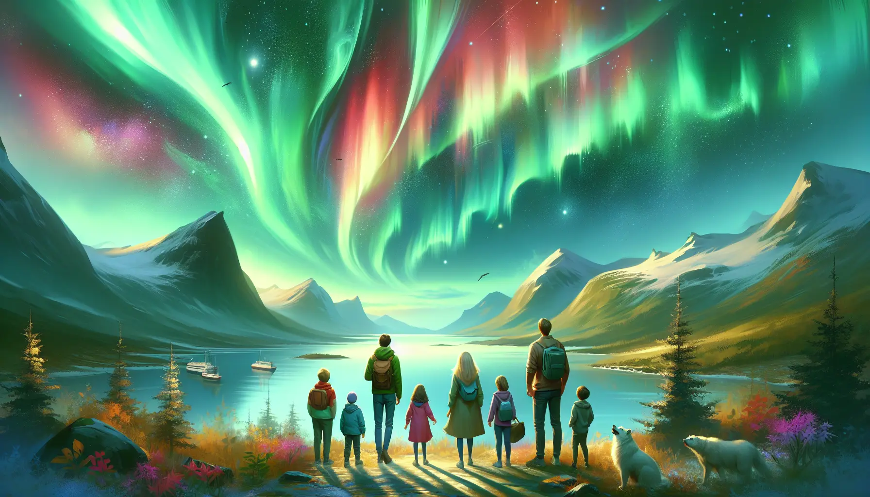 Un cielo notturno illuminato dall'aurora boreale con colori vivaci che danzano sopra un paesaggio innevato.