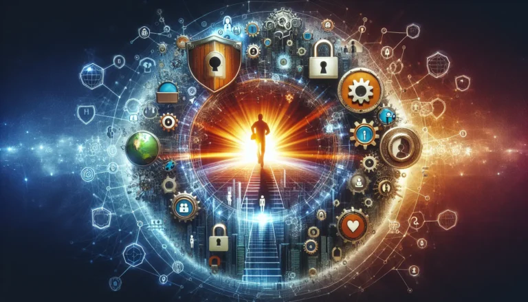 Un genitore che utilizza un'app per monitorare l'attività online dei propri figli, mostrando un dispositivo mobile con grafica di protezione della privacy.