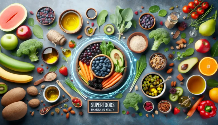 Un piatto colorato con superfood come quinoa, spinaci e frutti di bosco, rappresentante un'alimentazione sana e ricca di energia.