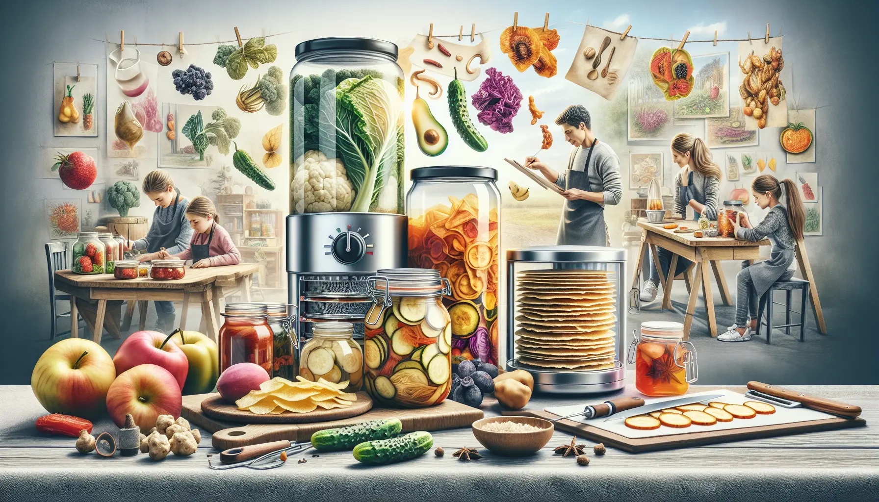 Barattoli di alimenti fermentati e frutta essiccata su un tavolo di legno