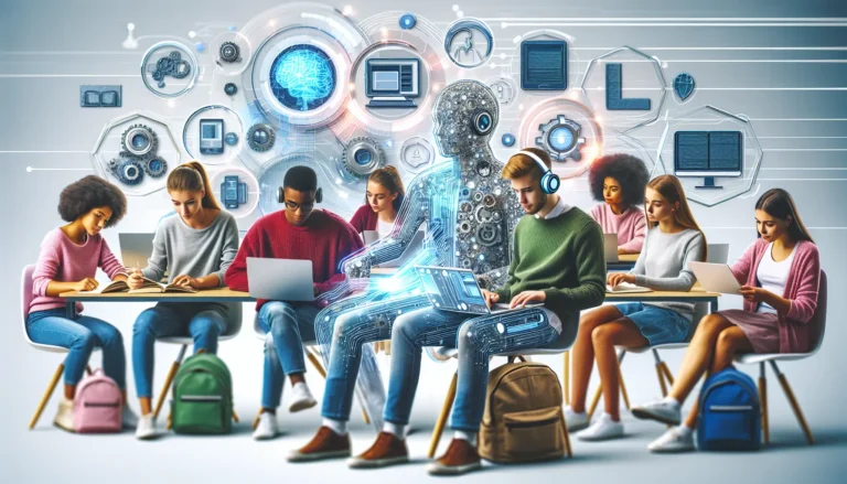 Un gruppo di studenti di diverse origini etniche che utilizzano tablet per studiare in un'aula moderna.