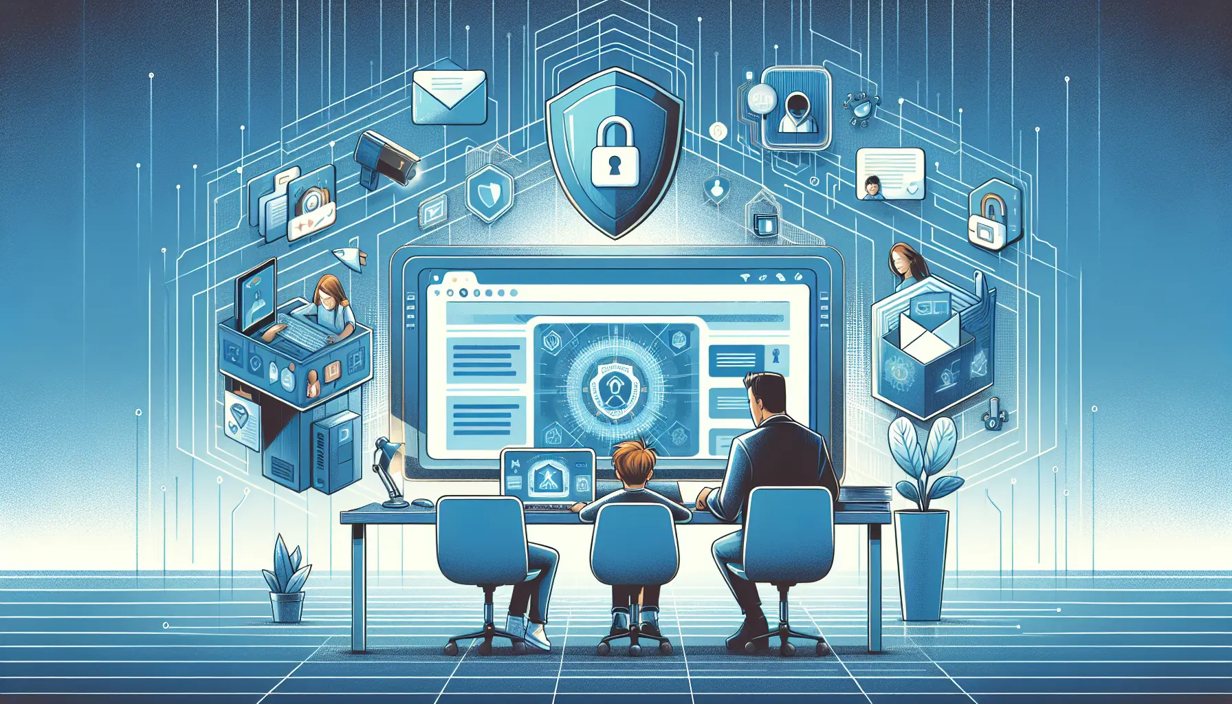 Un genitore che spiega a un bambino come navigare in sicurezza online