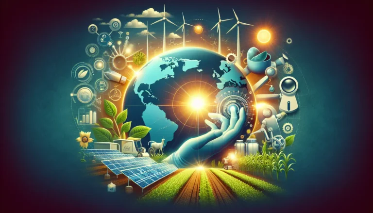 Un paesaggio urbano sostenibile con pannelli solari e vegetazione, simbolo di un futuro tecnologico e sostenibile.