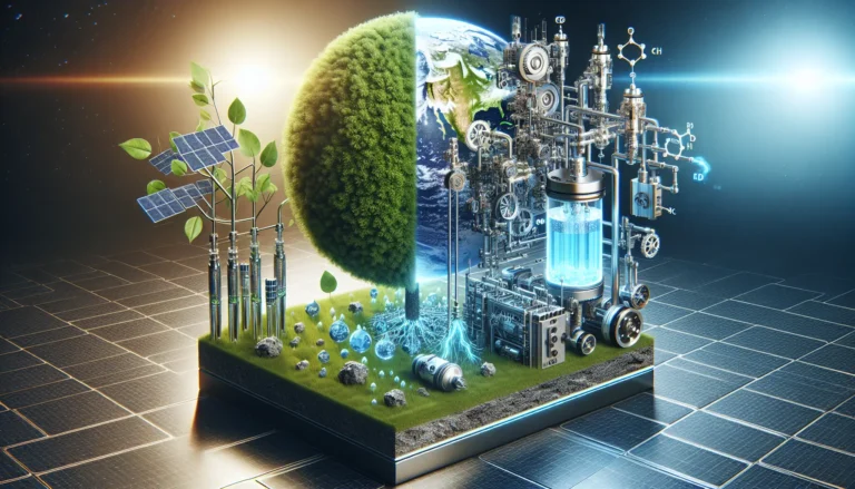 Rappresentazione grafica di tecnologie sostenibili come la cattura del carbonio e l'energia a idrogeno, simbolizzando un futuro ecologico.